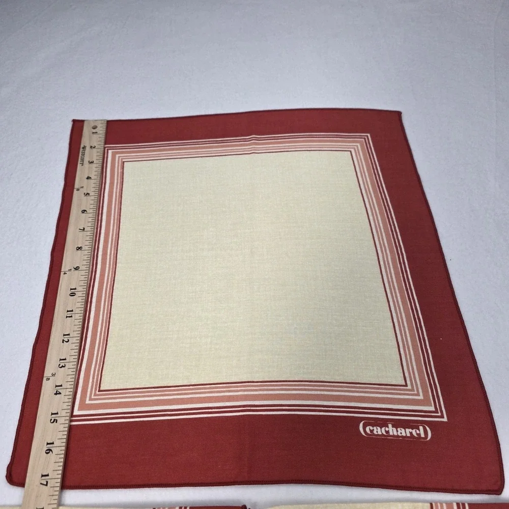 Vintage Cacharel Cotton Square 3 Piece Napkins Set Border Pattern Red Beige